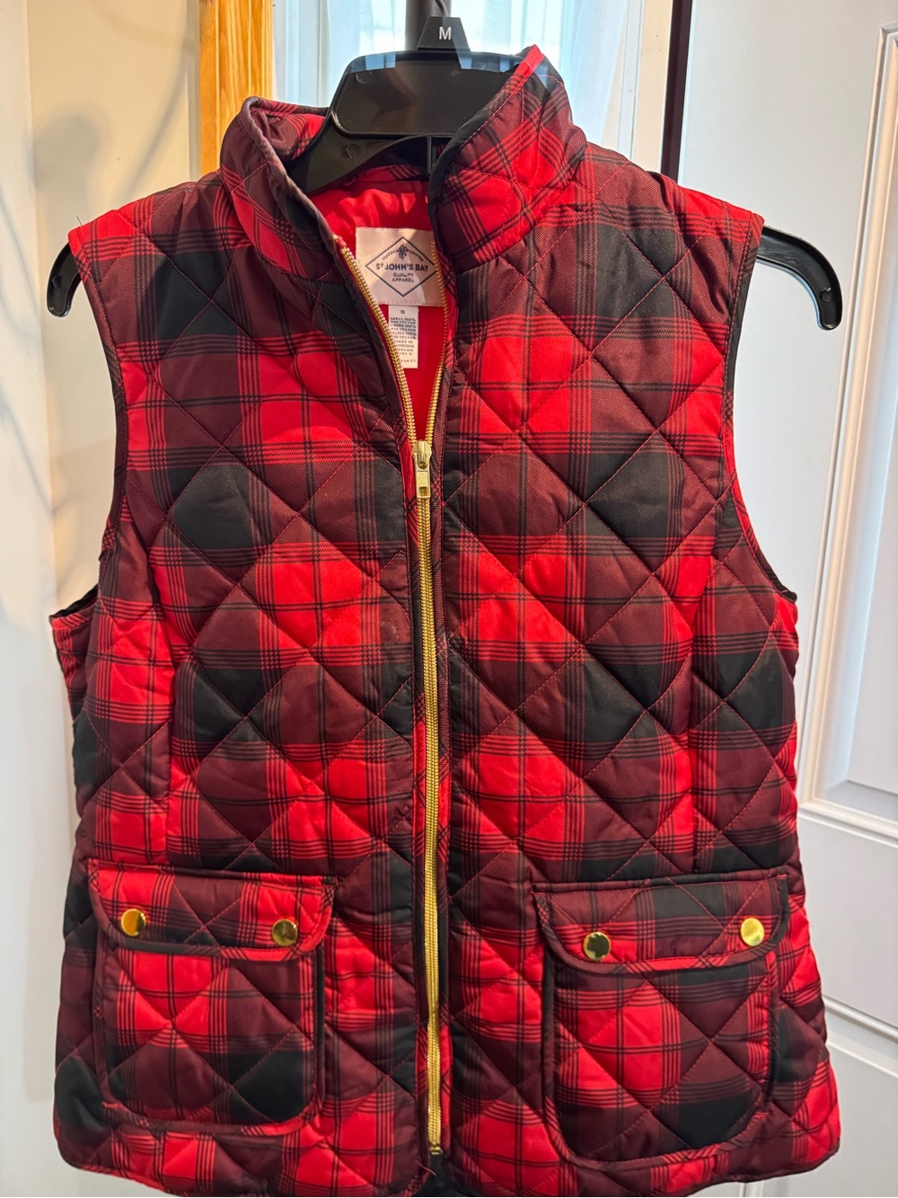 St. John's Bay Red and Black Plaid Puffer Vest